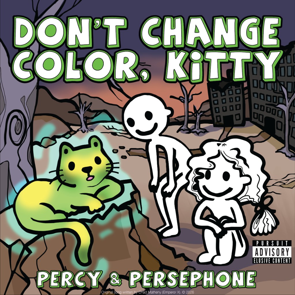 Album cover for Don't Change Color, Kitty — a green cat lounging on rubble while Percy and Persephone look on
