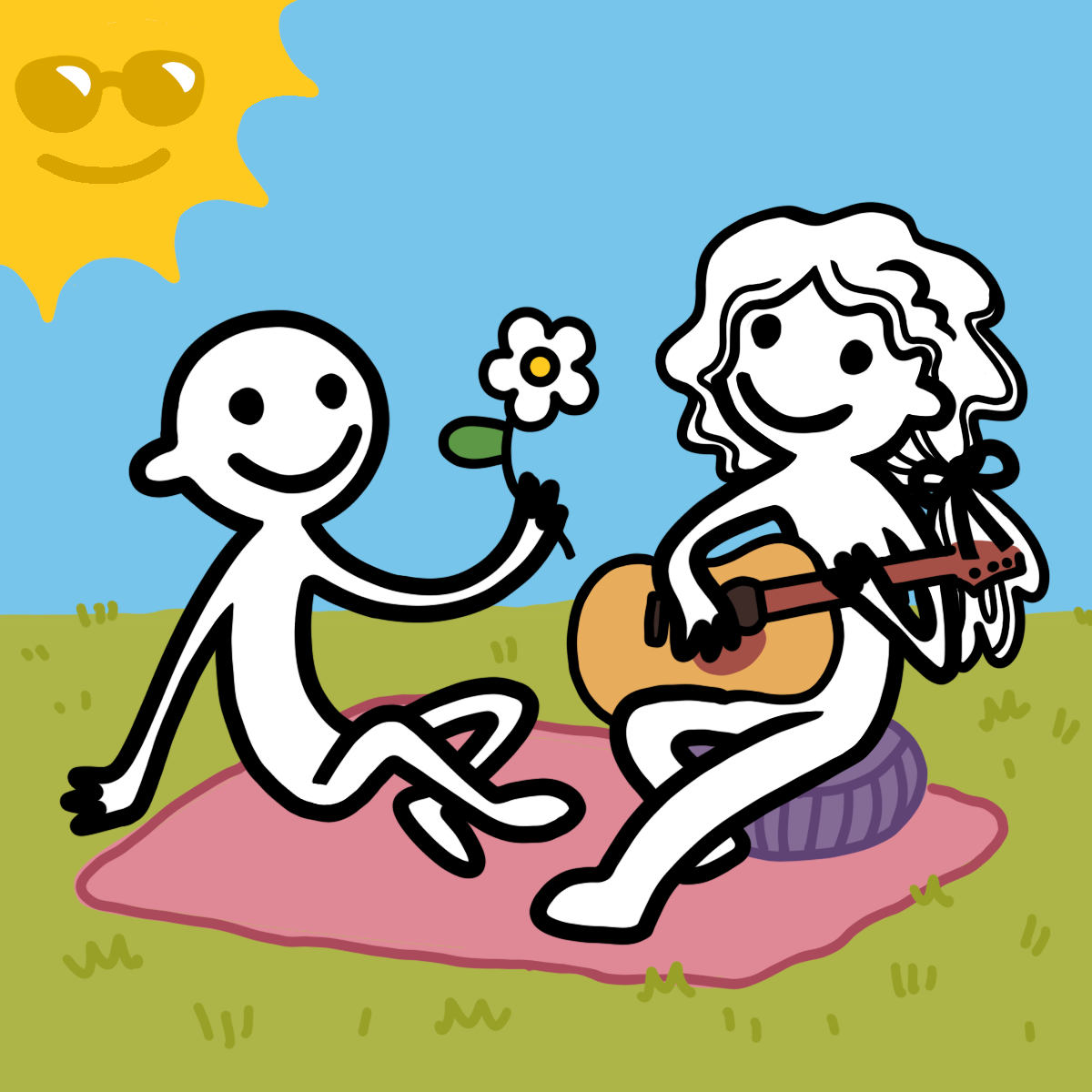 A hand-drawn illustration of Percy offering a flower to Persephone, who plays guitar on a picnic blanket in the sun