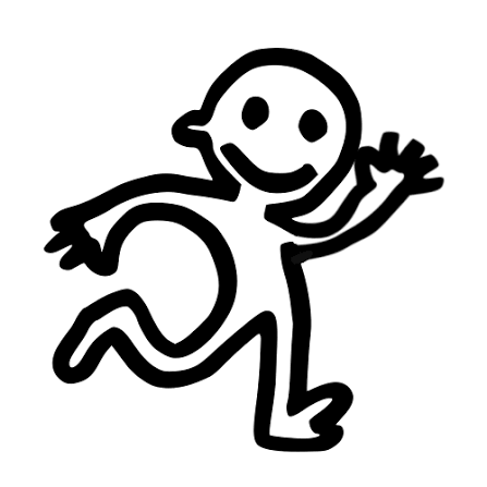 A hand-drawn stick figure mid-stride, waving